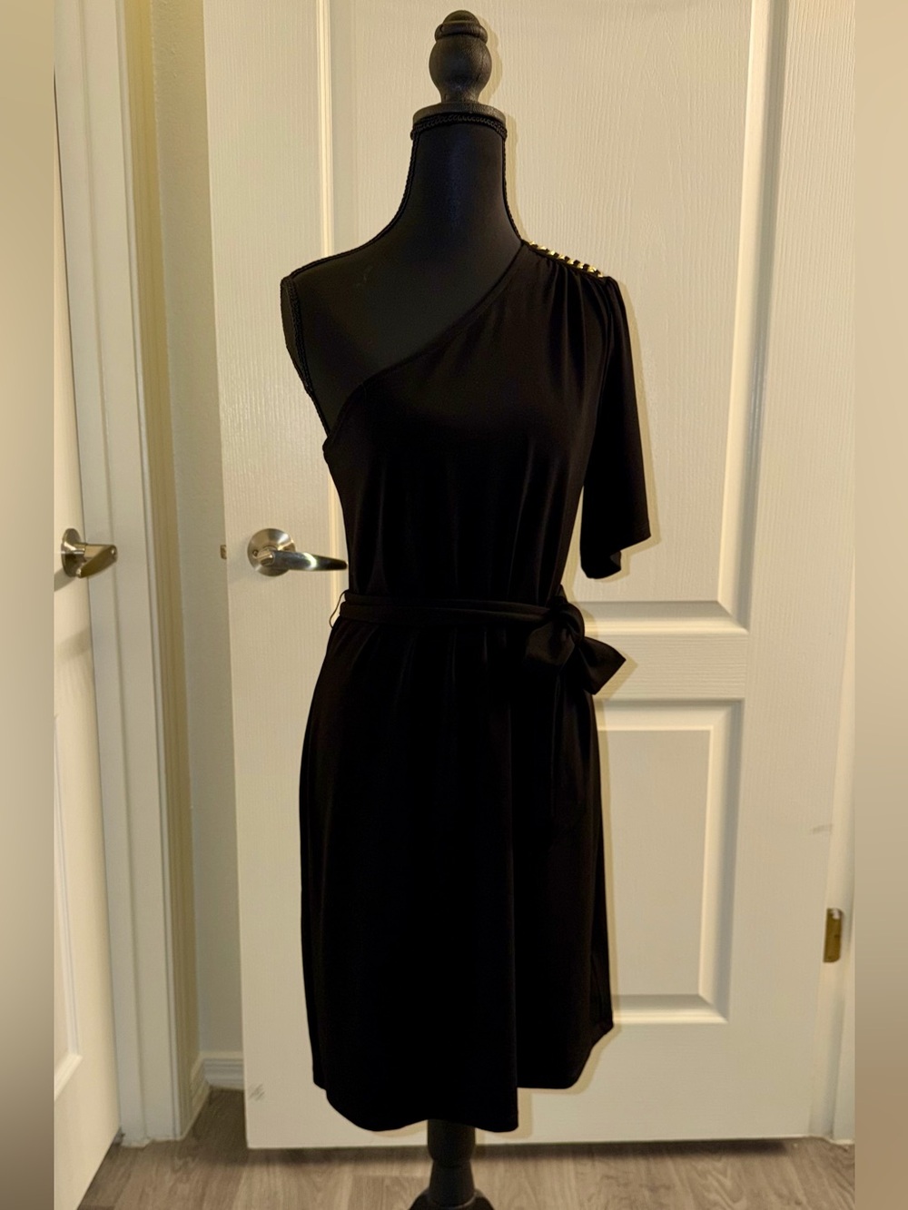 Michael Kors Black One-Shoulder Dress with Gold Chain Detail